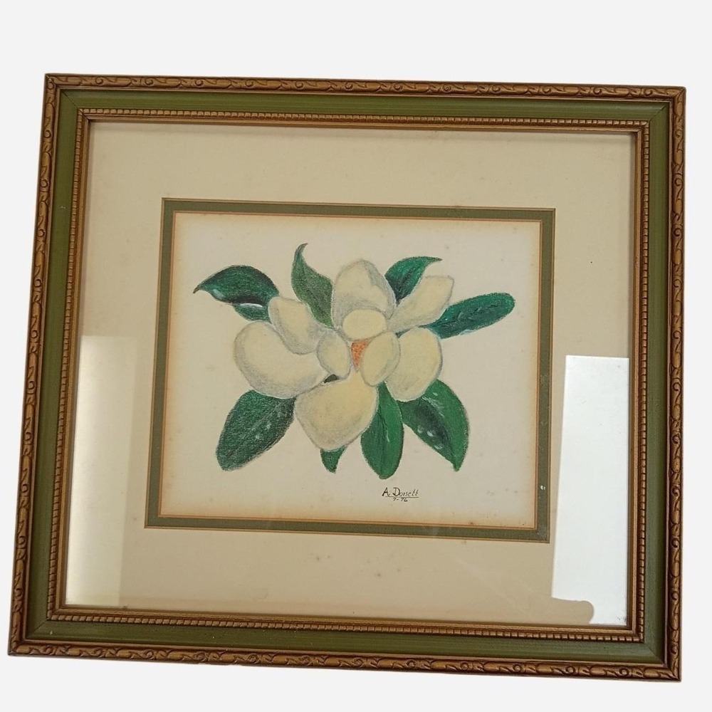 Vintage 1970s Signed White Magnolia Flower Watercolor Painting In A Gold Frame.